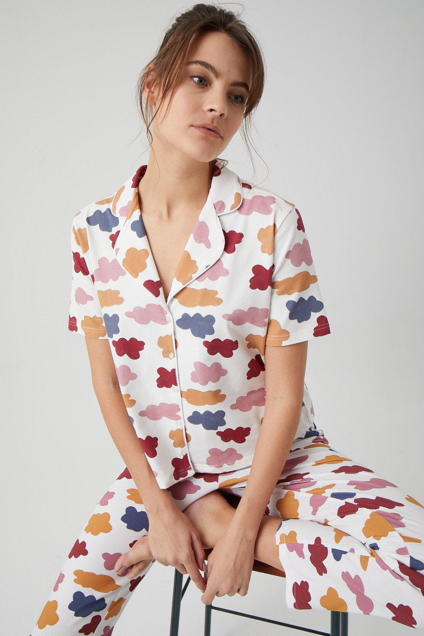 Kadın Bulut Baskılı Gömlek Üst Uzun Midi Pijama Takımı