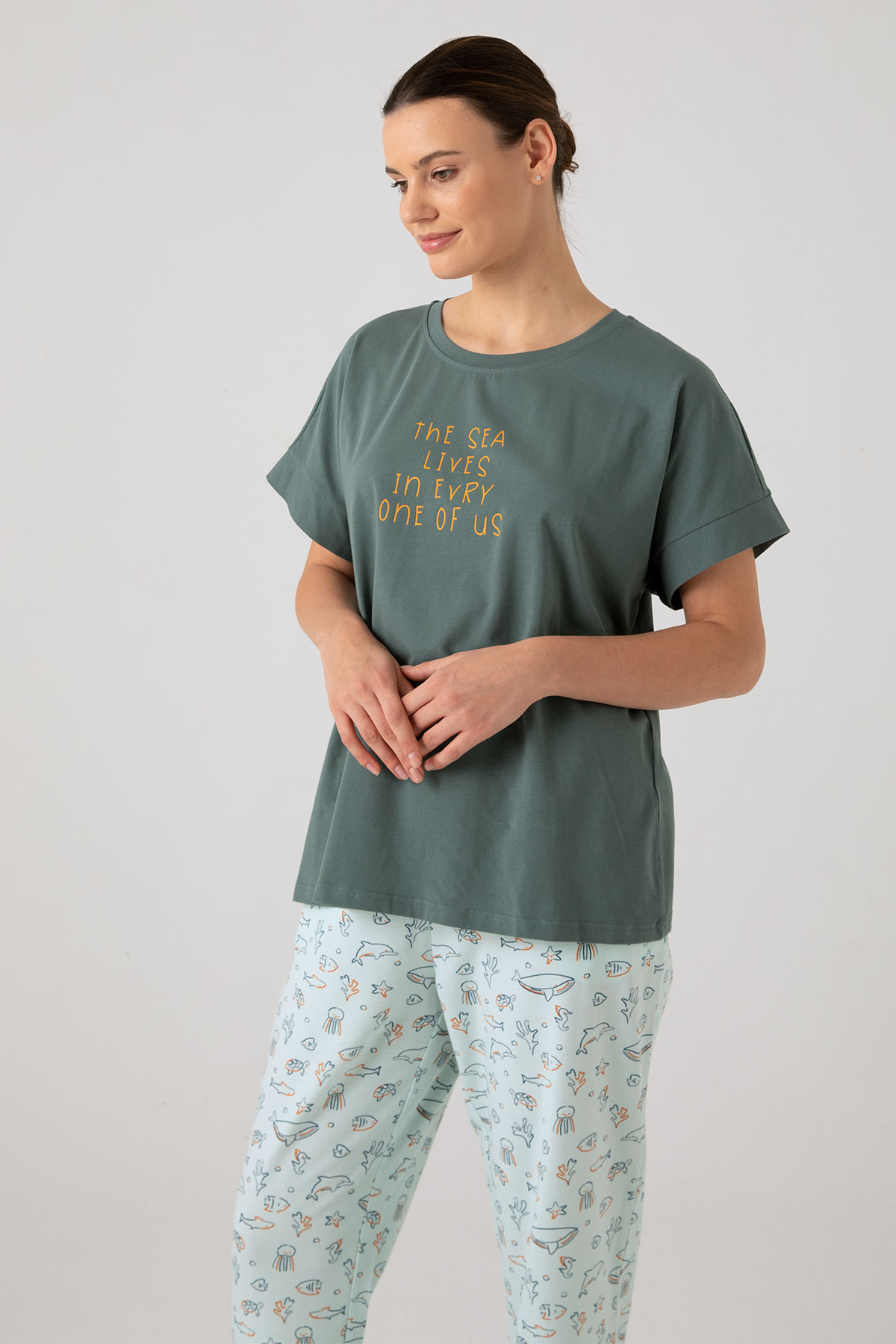 Kadın Büyük Beden Düşük Kollu Uzun Midi Pijama Takımı