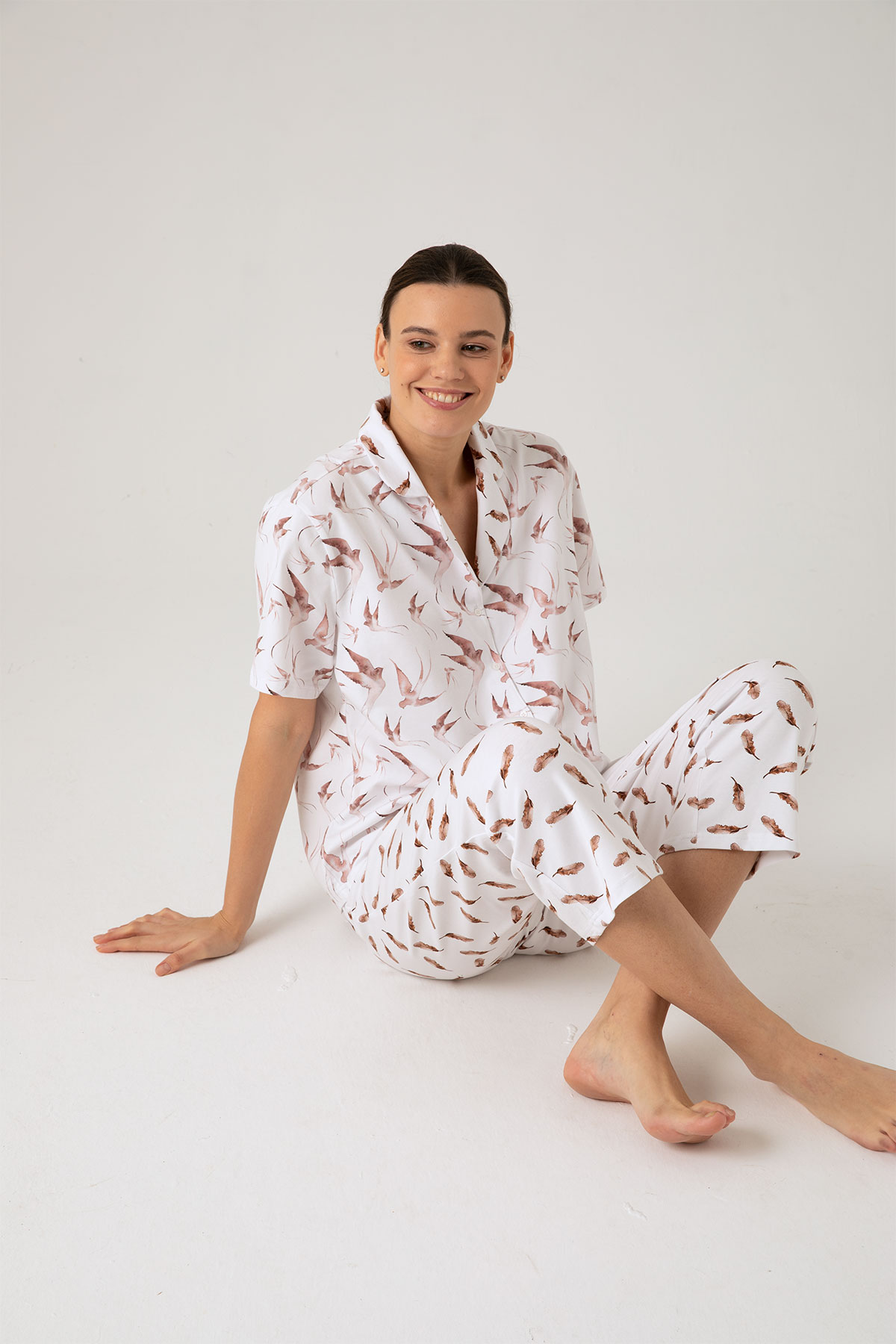 Kadın Büyük Beden Kuş Baskılı Gömlek Yaka Pijama Üstü