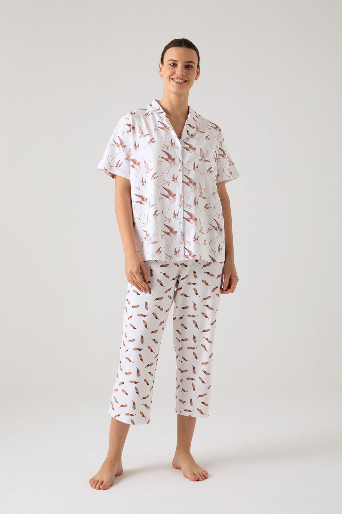 Kadın Büyük Beden Kuş Baskılı Gömlek Yaka Pijama Üstü