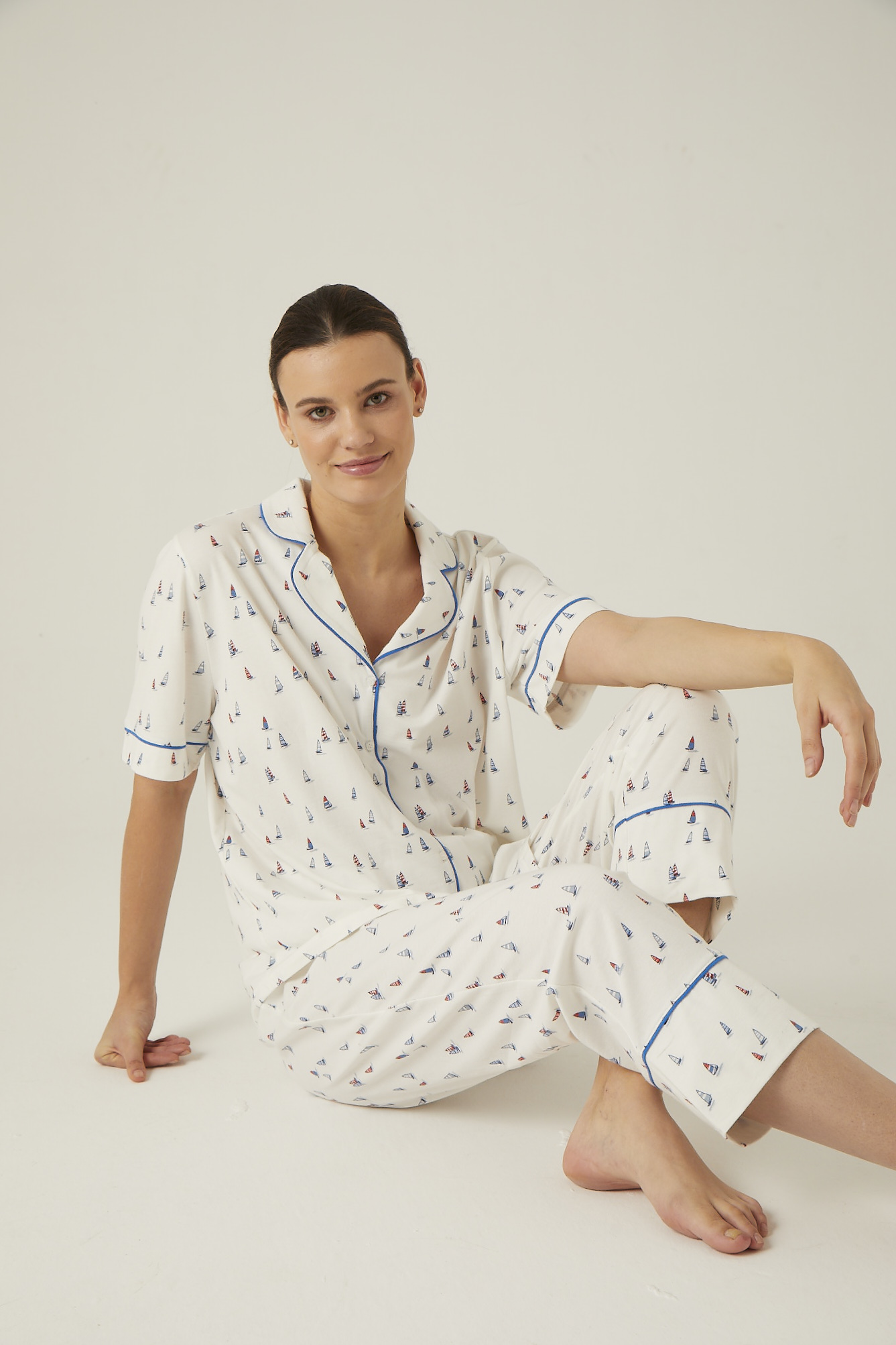 Kadın Büyük Beden Yelken Baskılı Gömlek Yaka Midi Pijama Takıımı