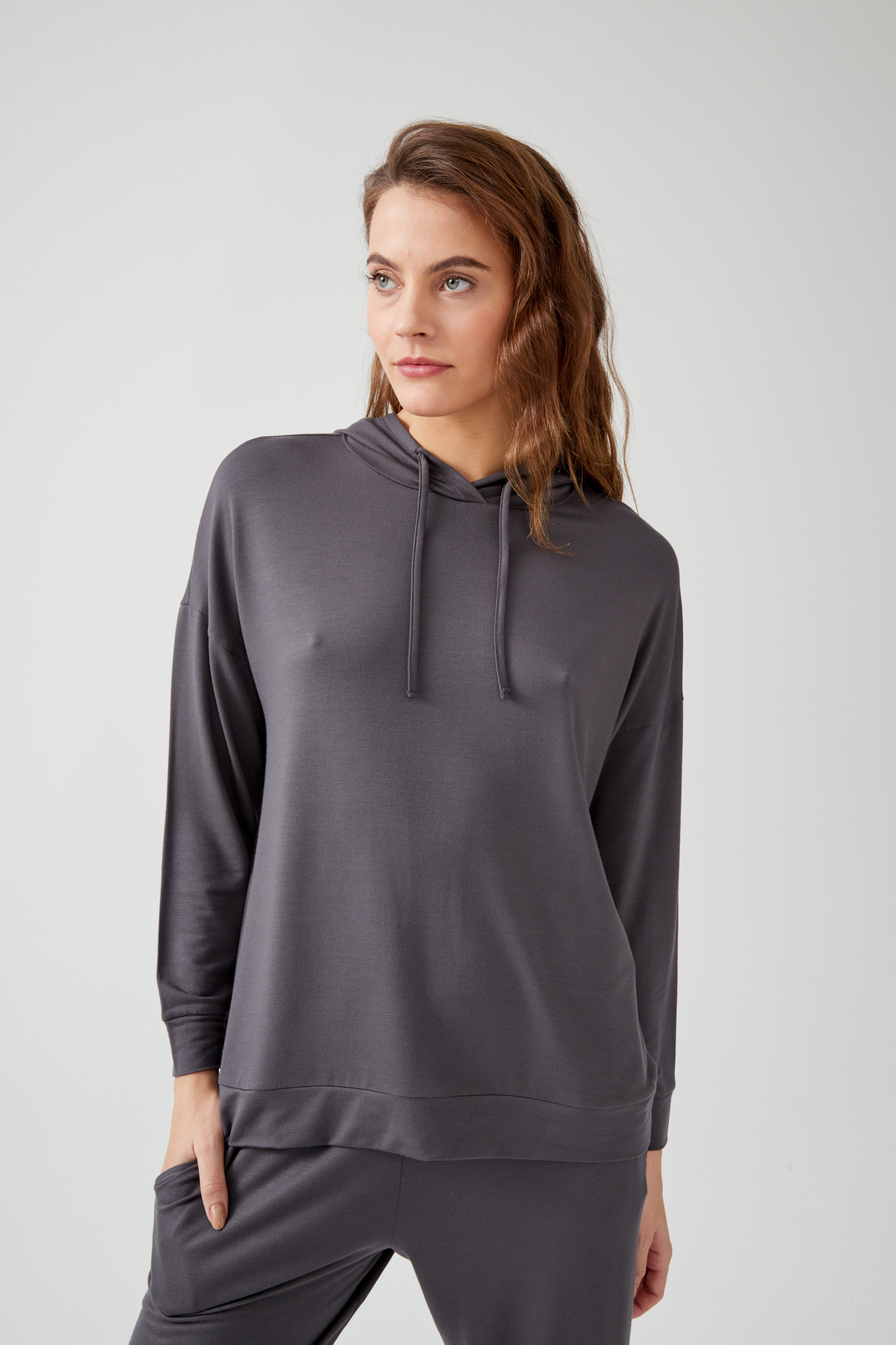 Kadın İki İplik Modal Kapüşonlu Bol Kesim Sweatshirt