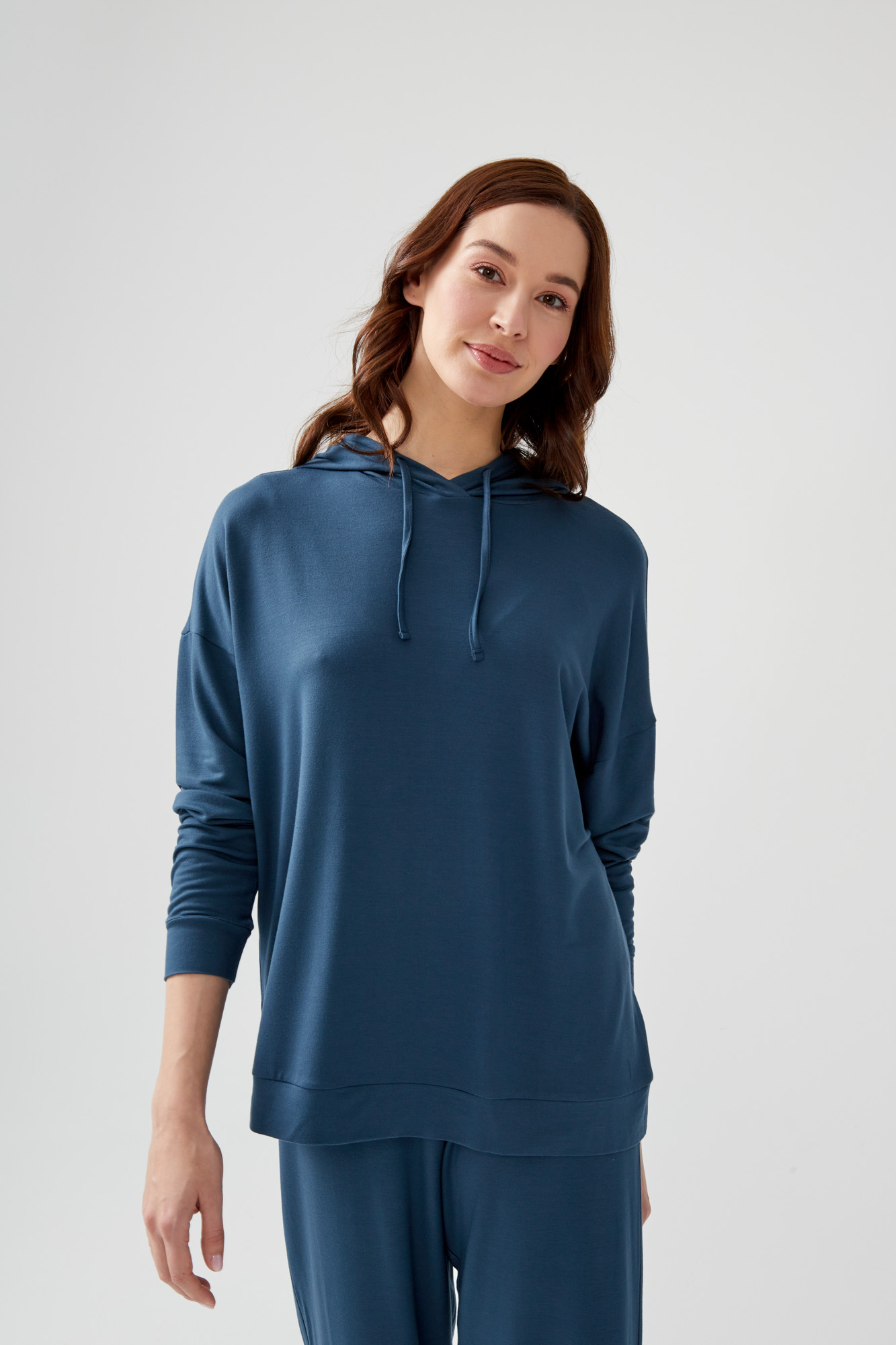Kadın İki İplik Modal Kapüşonlu Bol Kesim Sweatshirt