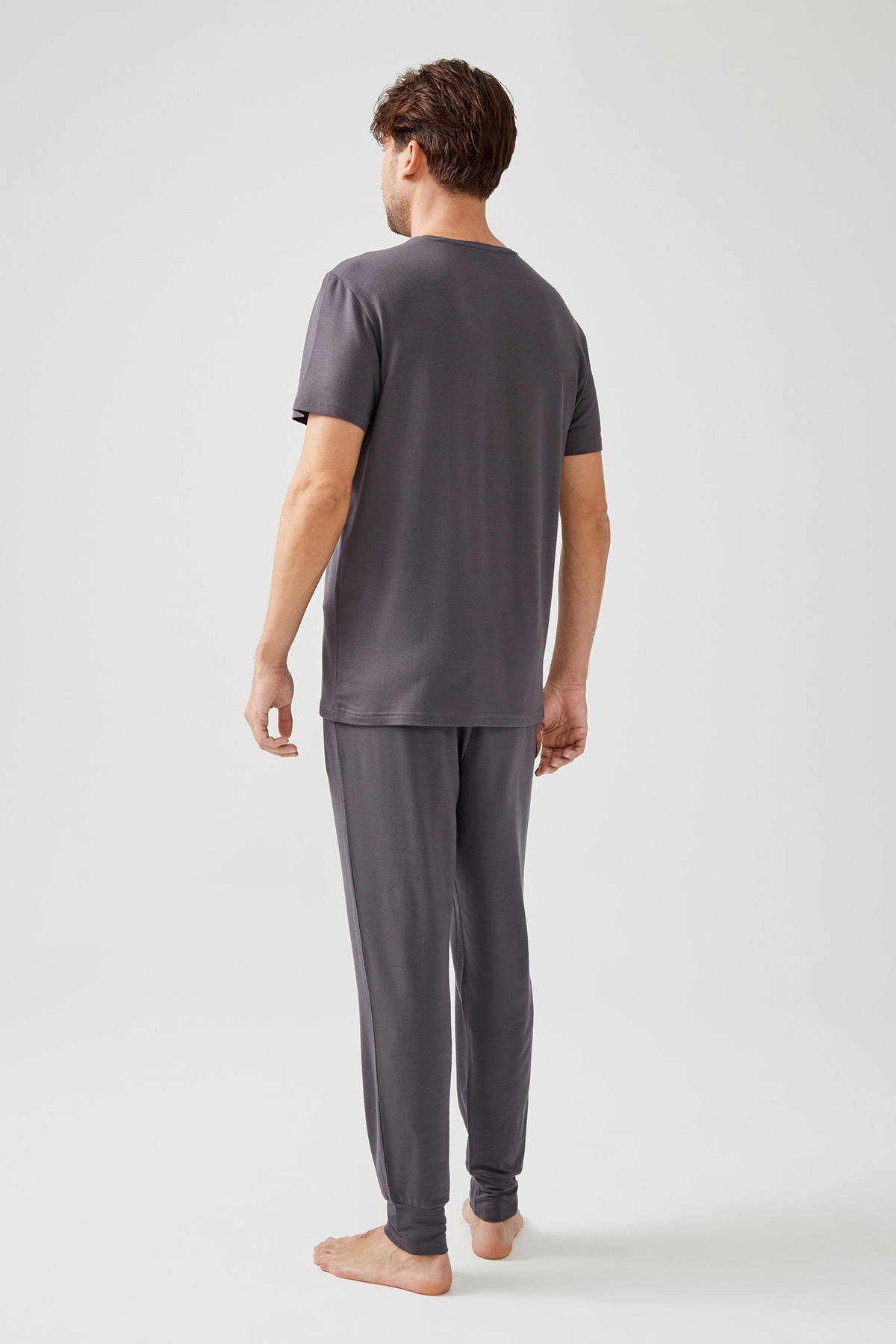 Erkek Modal İki İplik Kısa Kollu Tshirt Paçası Manşetli Uzun Eşofman Takımı