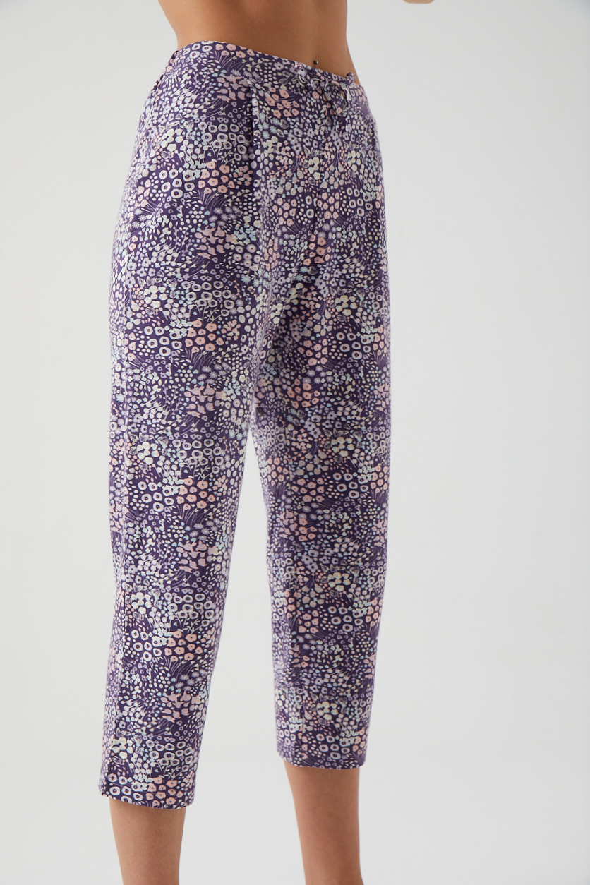 Kadın Çiçek Baskılı Belde Pili Detaylı Uzun Midi Pijama Altı