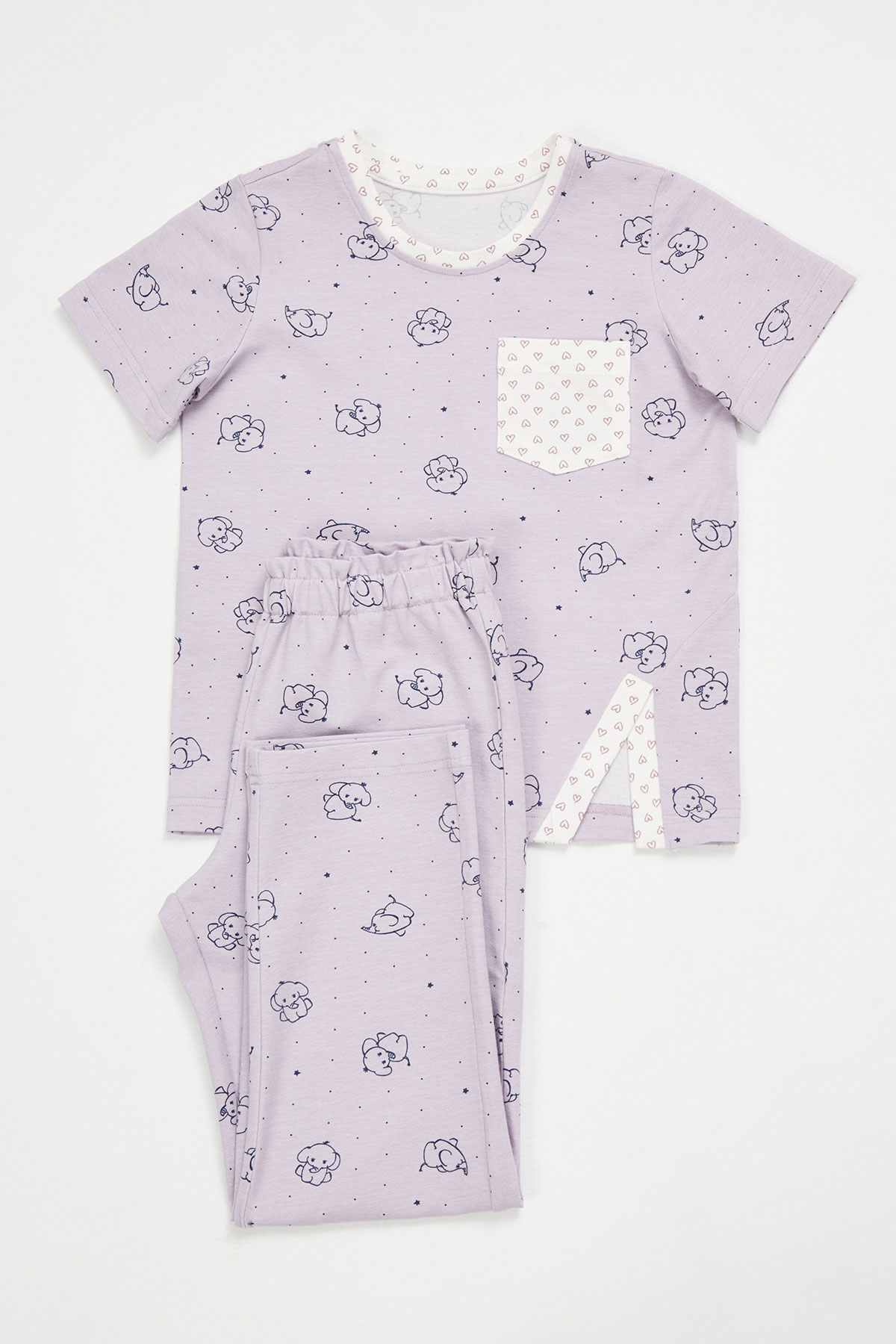 Kız Çocuk Lila Fil Baskılı Yırtmaç Detaylı Kısa Kollu Uzun Pijama Takımı