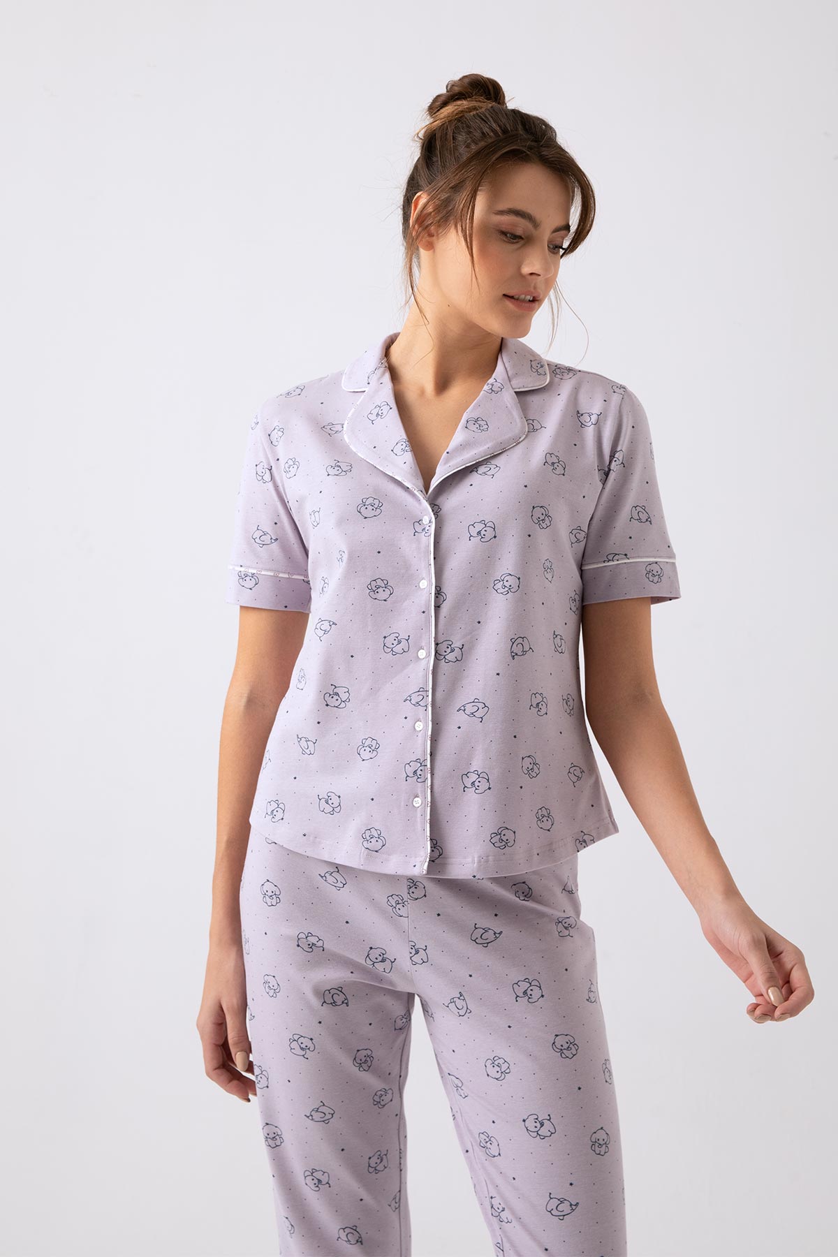 Kadın Fil Baskılı Gömlek Yaka Uzun Midi Pijama Takımı