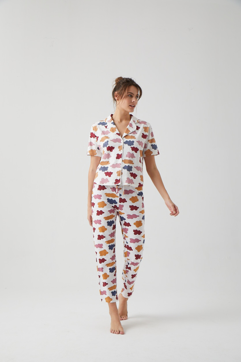 Kadın Renkli Bulut Baskılı Uzun Midi Pijama Altı