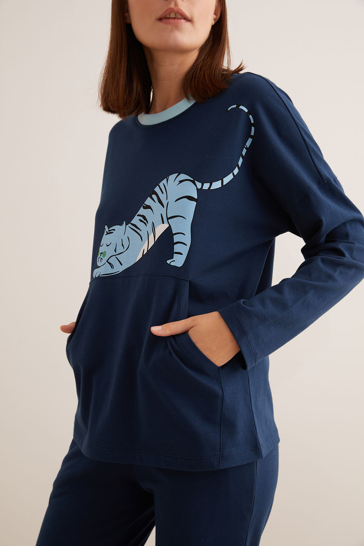 Kadın Pamuklu Kaplan Detaylı Pijama Üstü