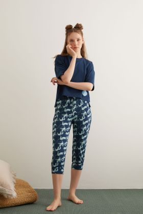 Kadın Pamuklu Kaplan Baskılı Kapri Pijama Takımı