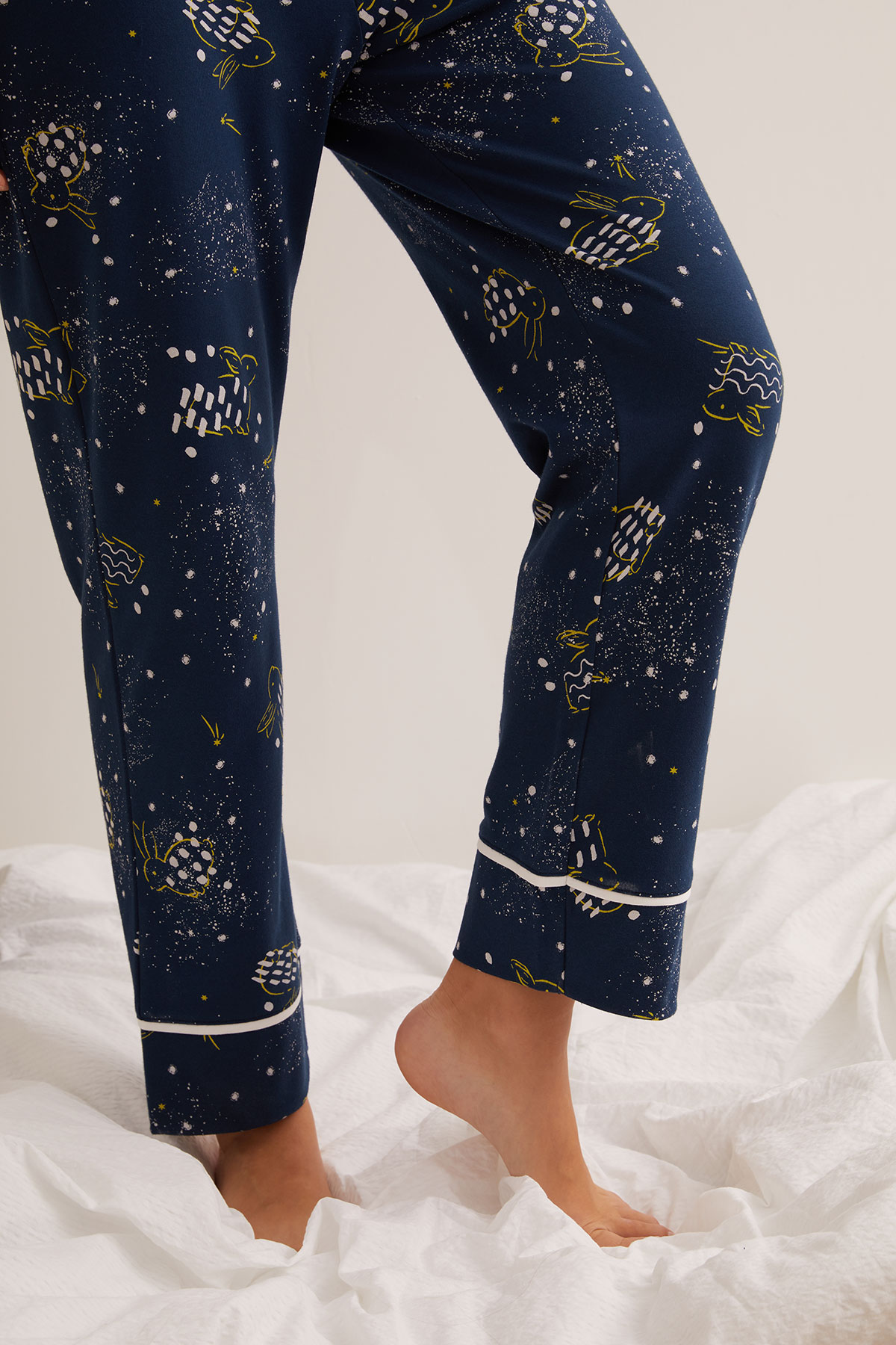 Kadın Pamuklu Kontrast Biye Detaylı Uzun Pijama Altı
