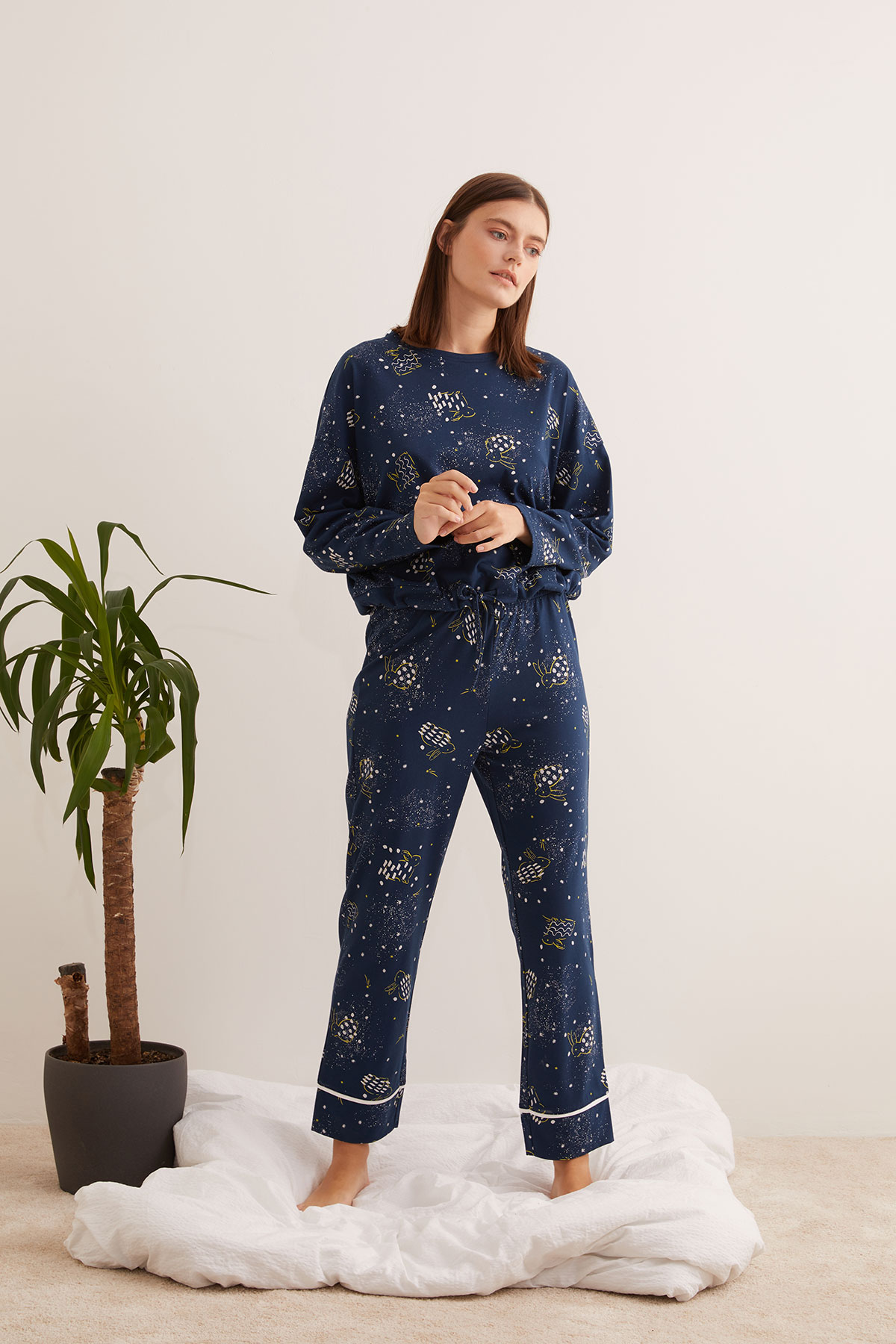 Kadın Pamuklu Kontrast Biye Detaylı Uzun Pijama Altı
