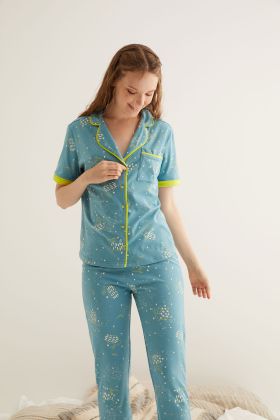 Kadın Pamuklu Tavşan Baskılı Gömlekli Pijama Üstü