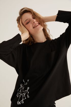 Kadın Pamuklu Cepli Baskı Detaylı Uzun Kollu T-shirt