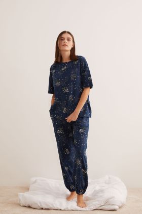 Kadın Pamuklu Tavşan Baskılı Kısa Kollu Uzun Pijama Takımı