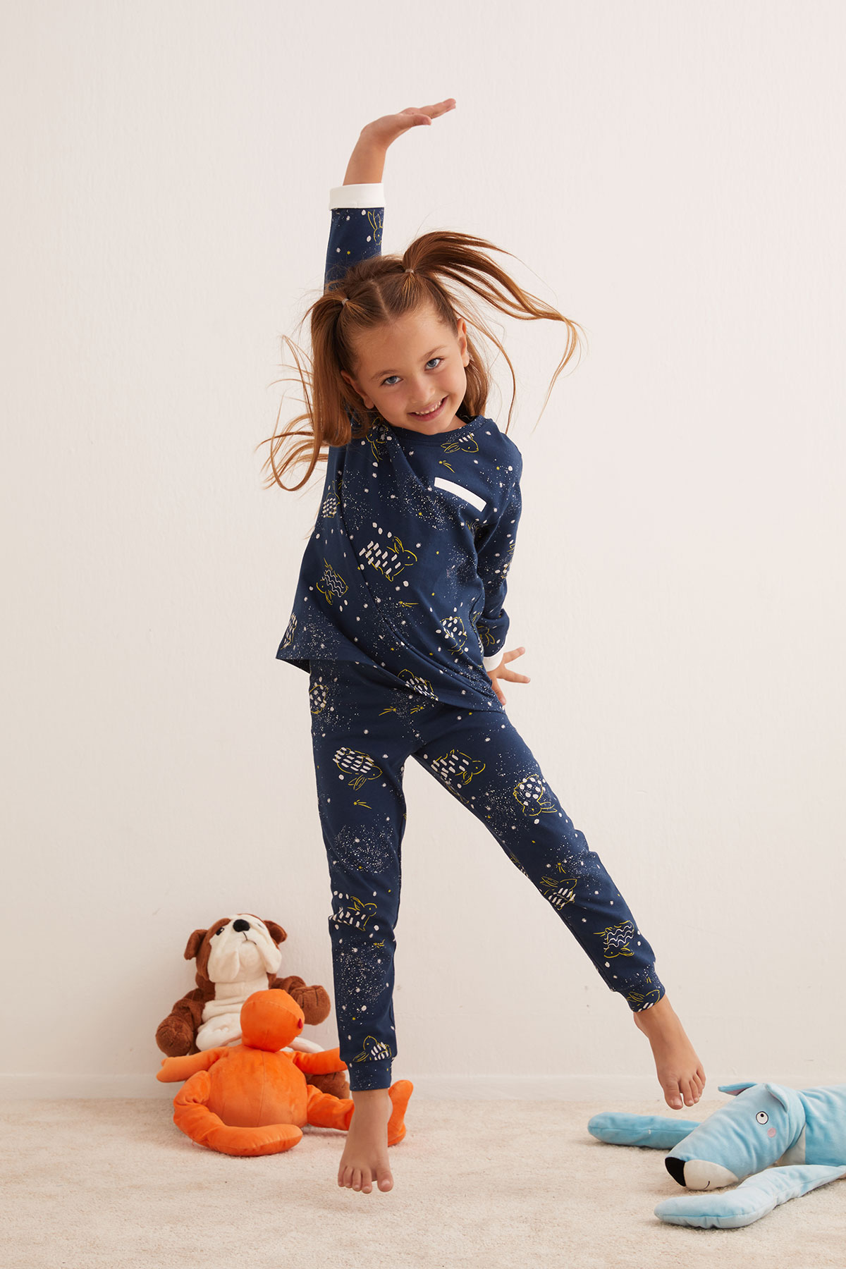 Kız Çocuk Pamuklu Kontrast Biye Detaylı Uzun Pijama Takımı
