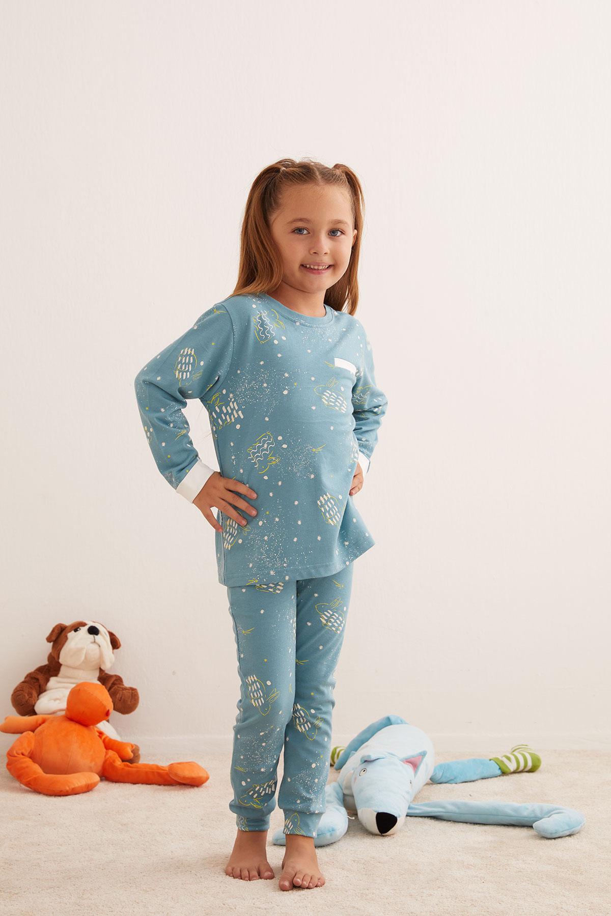 Kız Çocuk Pamuklu Kontrast Biye Detaylı Uzun Pijama Takımı