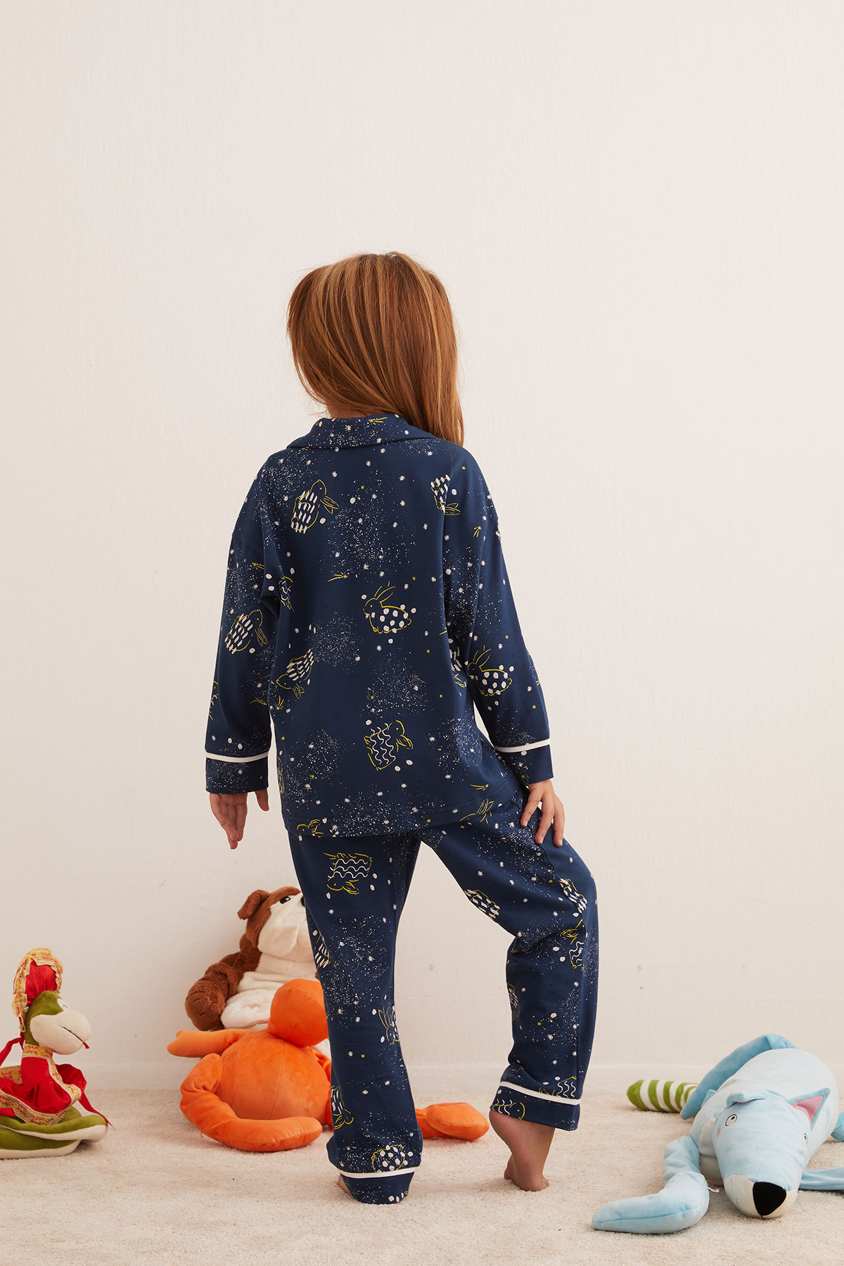 Kız Çocuk Pamuklu Gömlek Yakalı Uzun Pijama Takımı