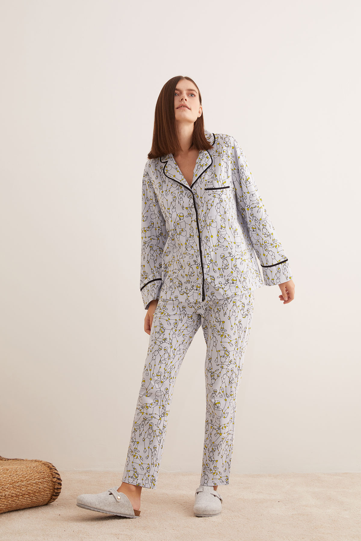 Kadın Pamuklu Kontrast Biye Detaylı Gömlekli Pijama Takımı