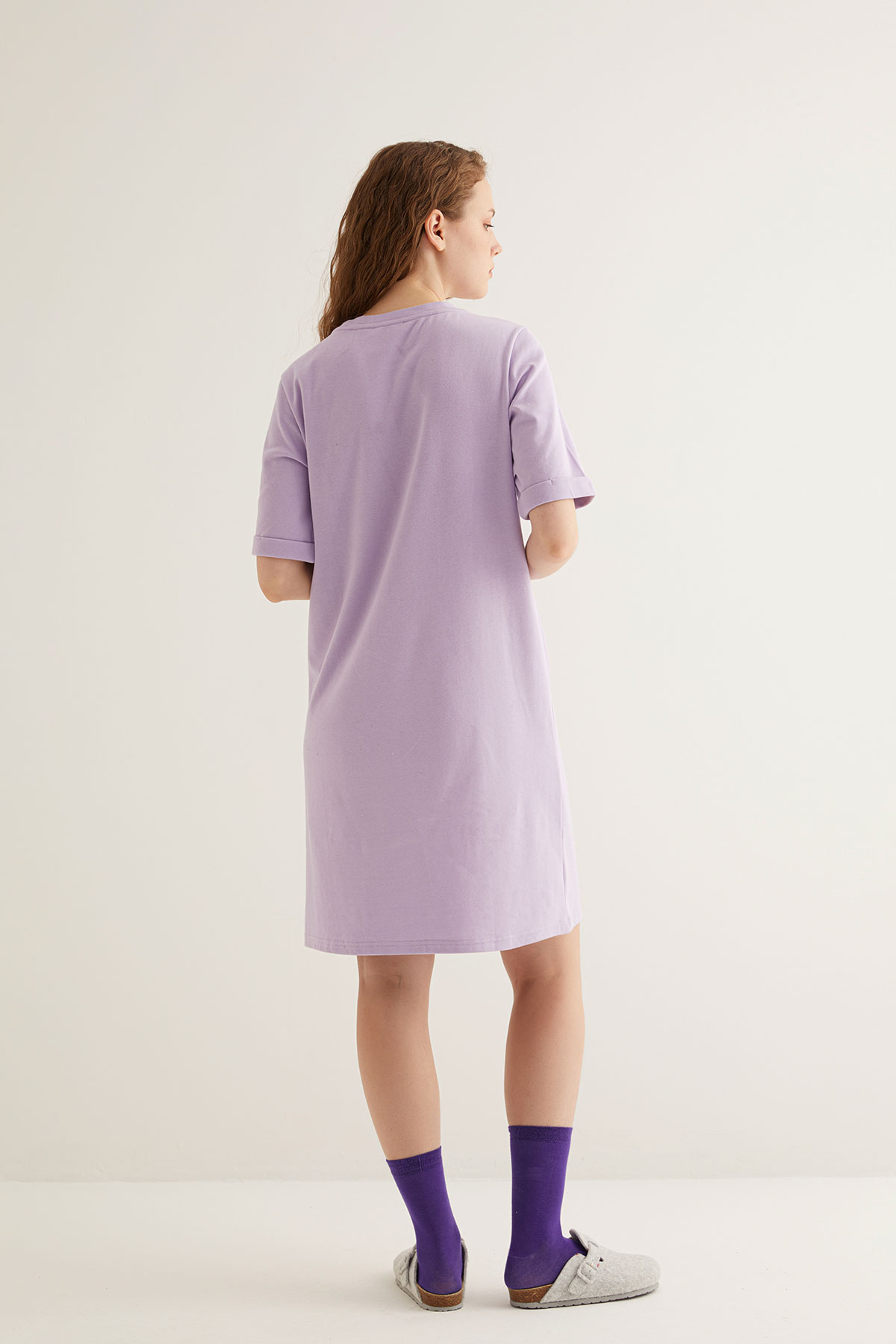 Kadın Pamuklu Baskı Detaylı Kısa Kollu T-shirt Elbise