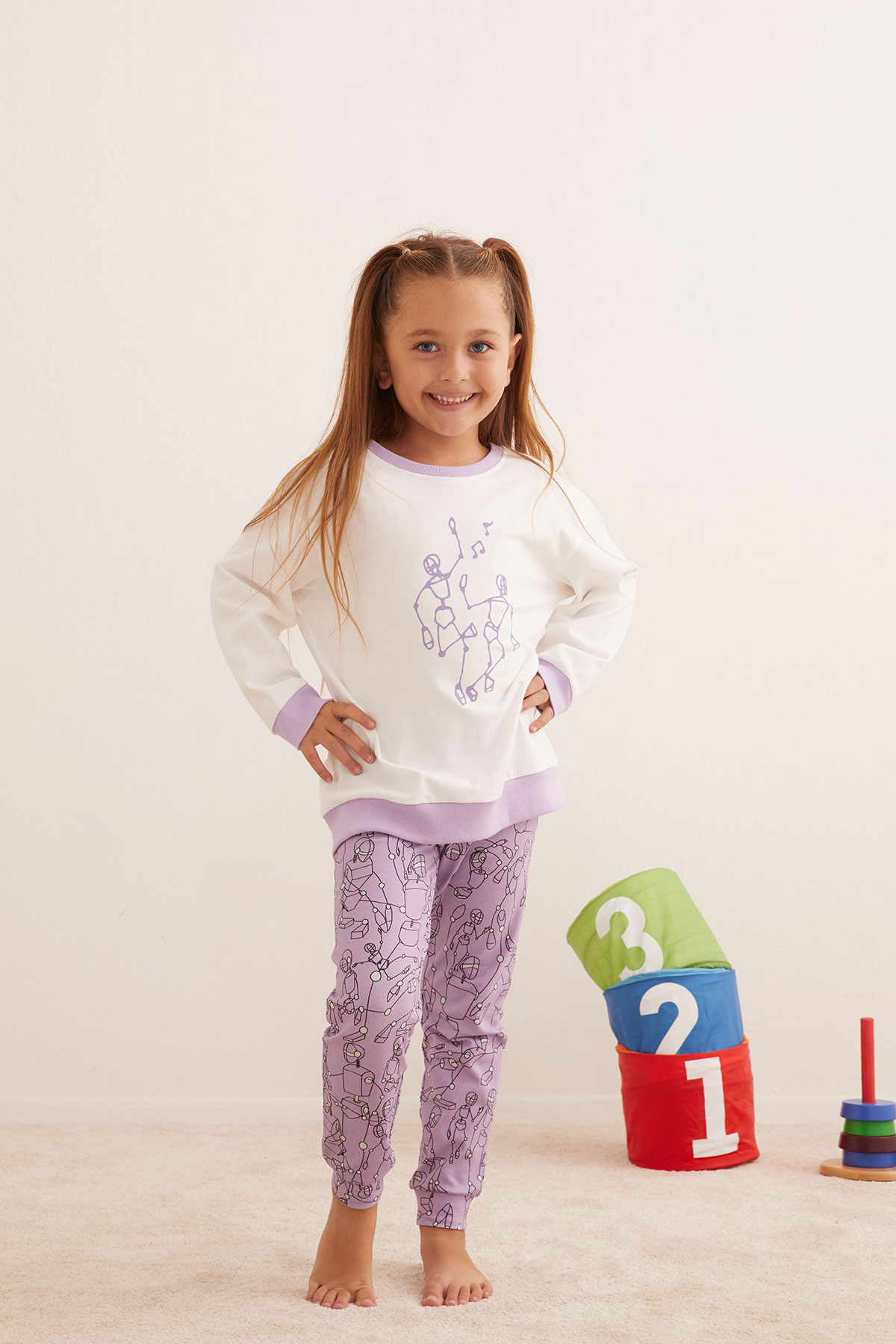 Kız Çocuk Robot Baskılı Uzun Taytlı Pijama Takımı