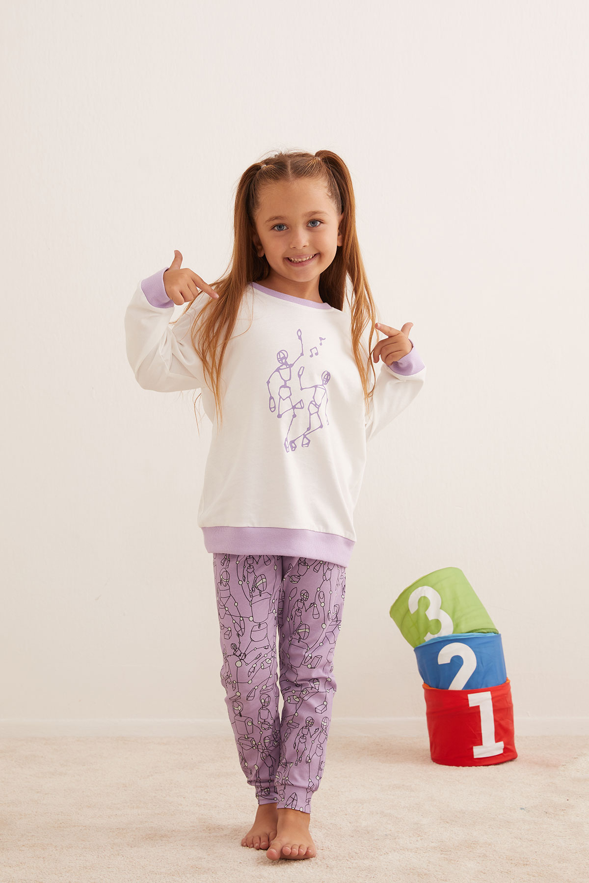 Kız Çocuk Robot Baskılı Uzun Taytlı Pijama Takımı