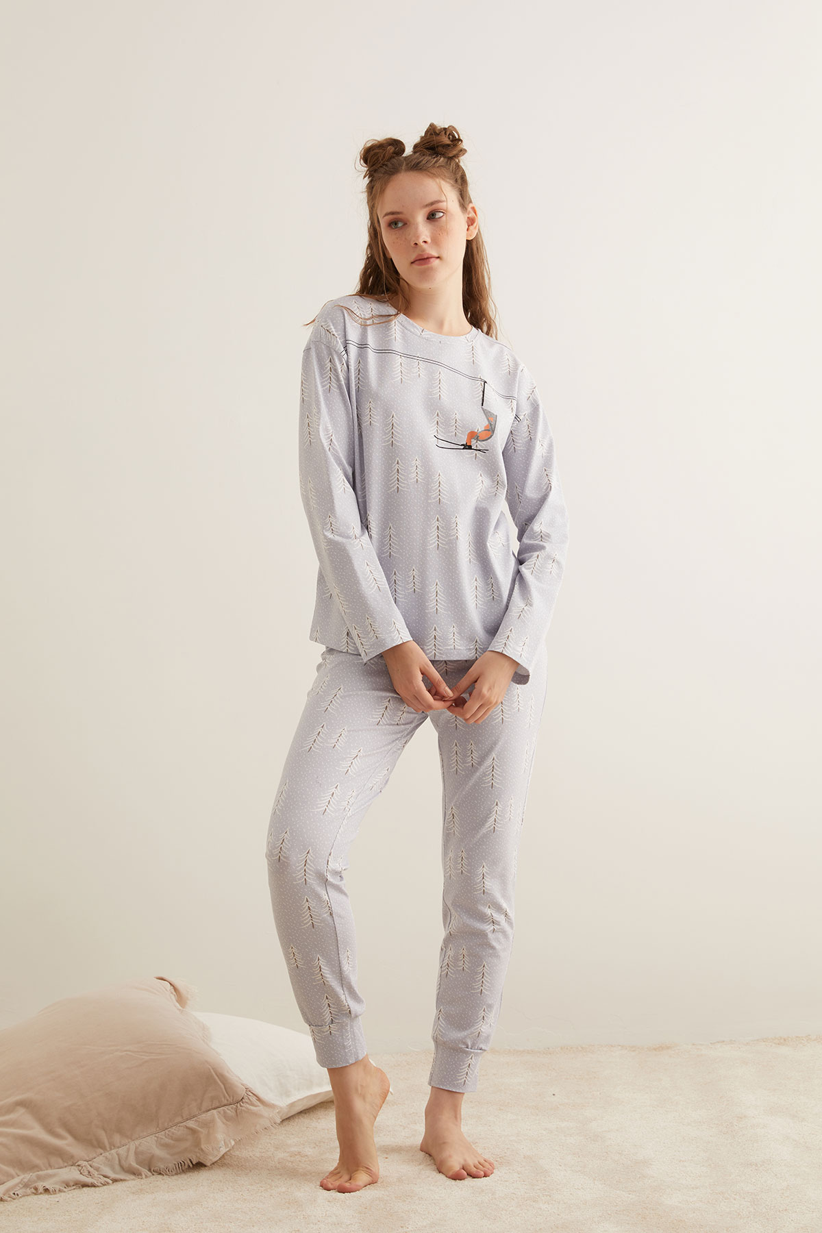 Kadın Çam Baskılı Uzun Kollu Pijama Takımı
