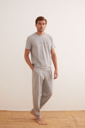 Erkek Pamuklu Kısa Kollu Alt Uzun Pijama Takımı