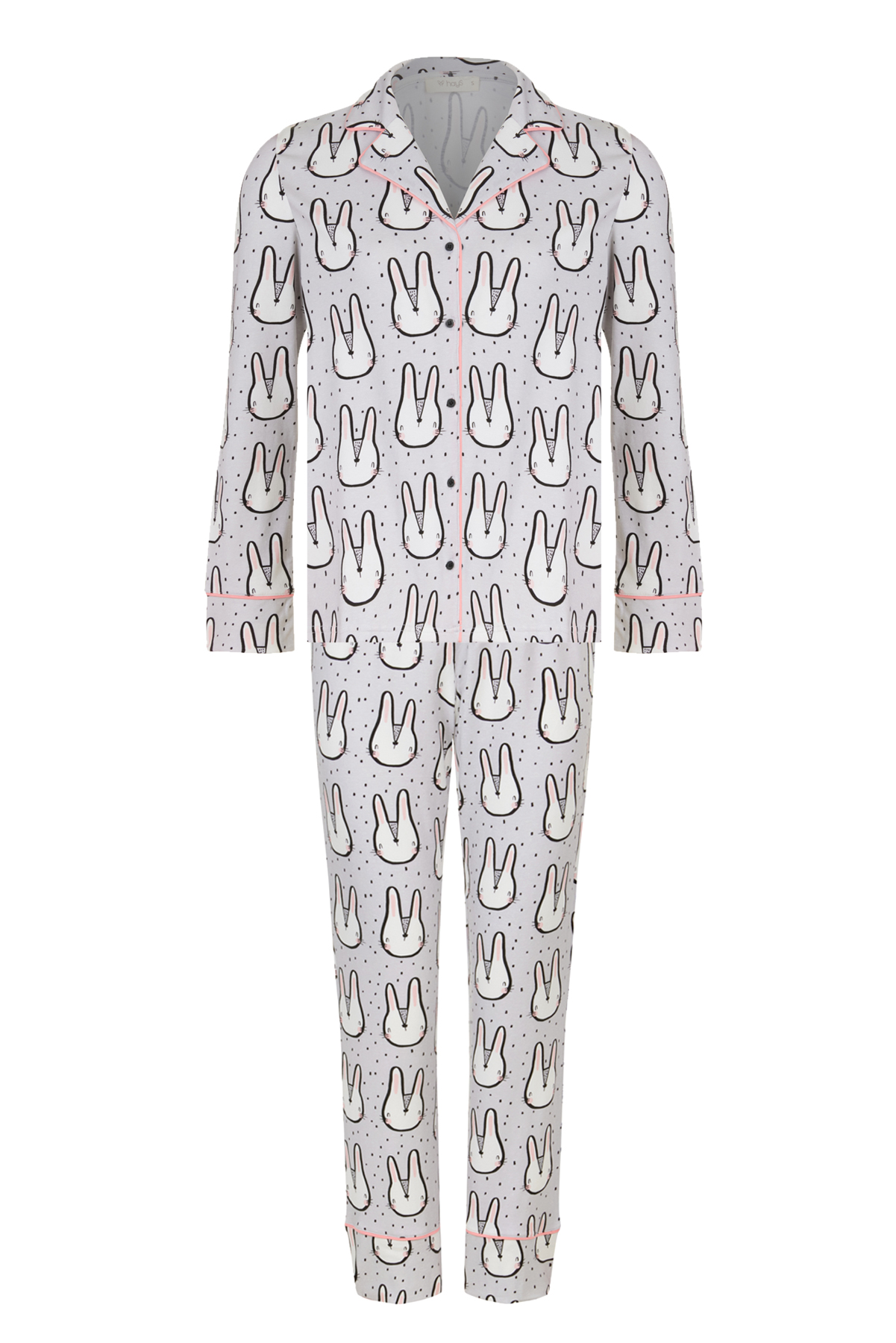 Kadın Tavşan Baskılı Gömlek Yaka Uzun Kollu Pijama Takımı