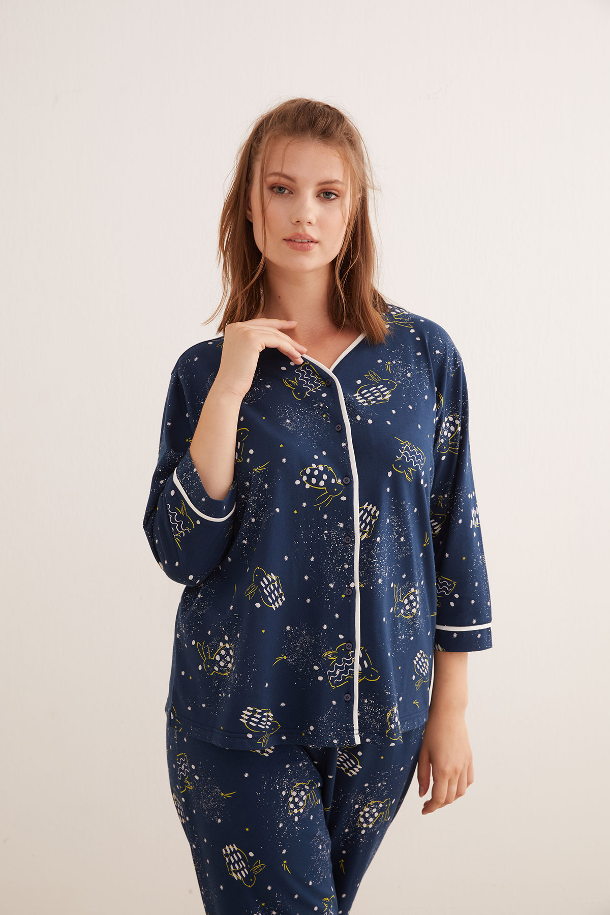 Kadın Büyük Beden Pamuklu Gömlek Yakalı Uzun Pijama Takımı