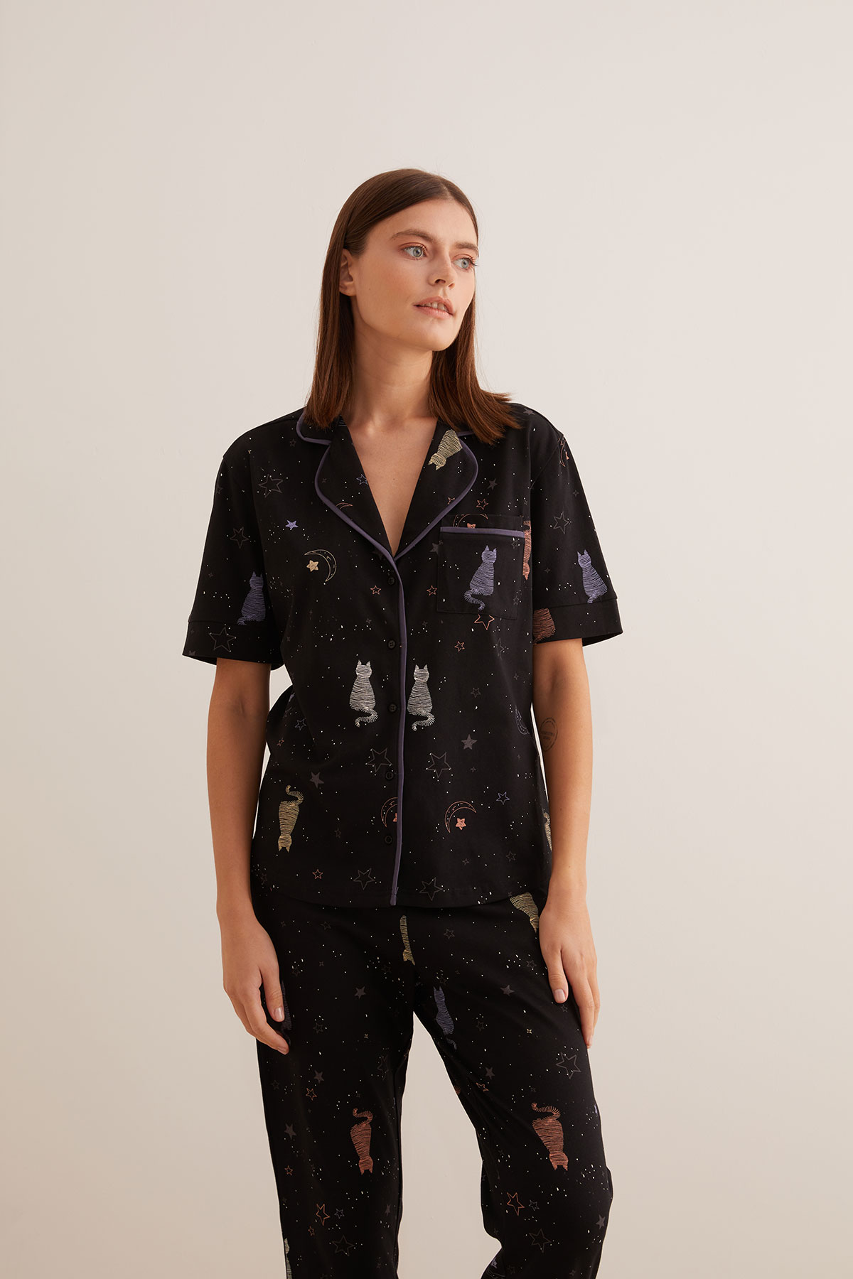Kadın Pamuklu Gömlekli Midi Pijama Takımı