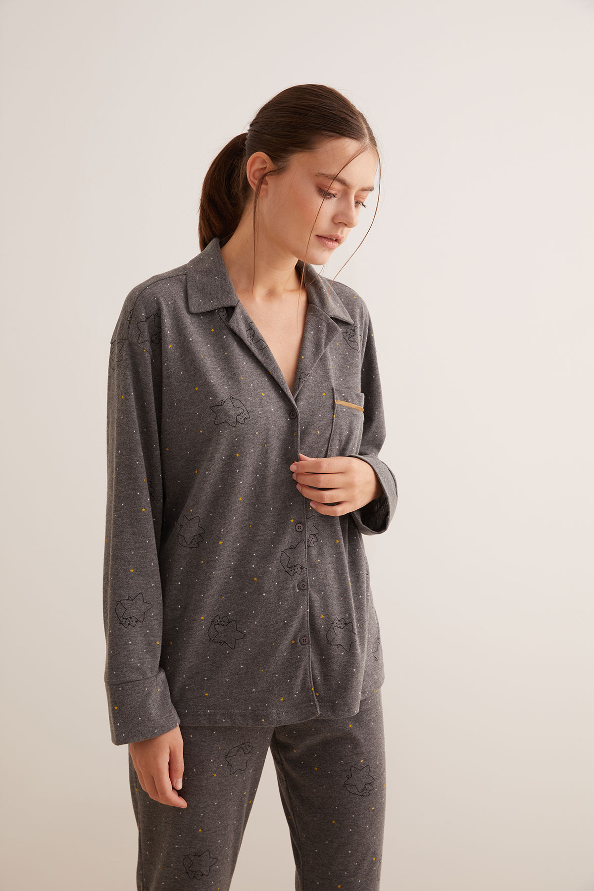 Kadın Gömlek Yaka Kontrast Biye Detaylı Pijama Üstü