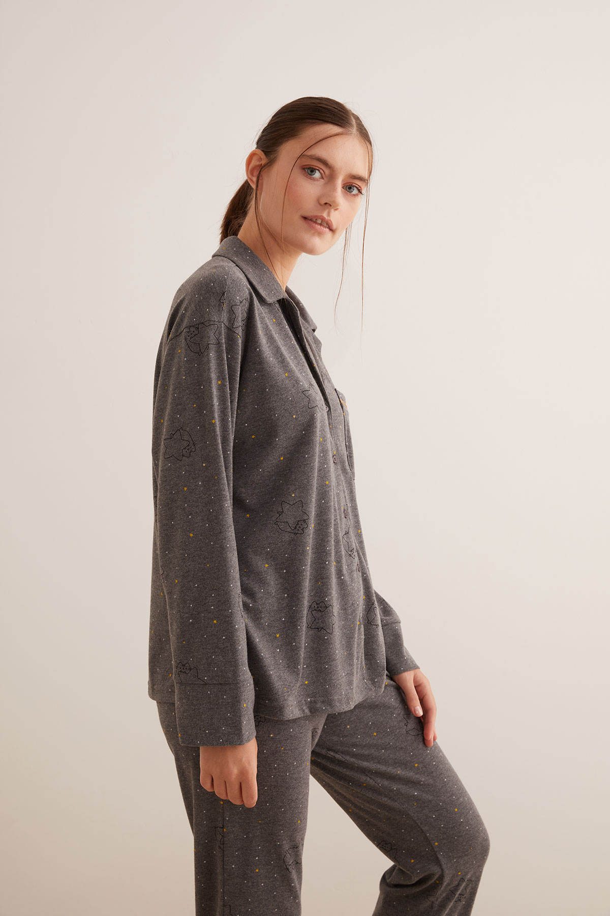Kadın Gömlek Yaka Kontrast Biye Detaylı Pijama Üstü