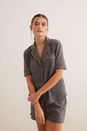 Kadın Kontrast Biye Detaylı Gömlek Yaka Pijama Üstü