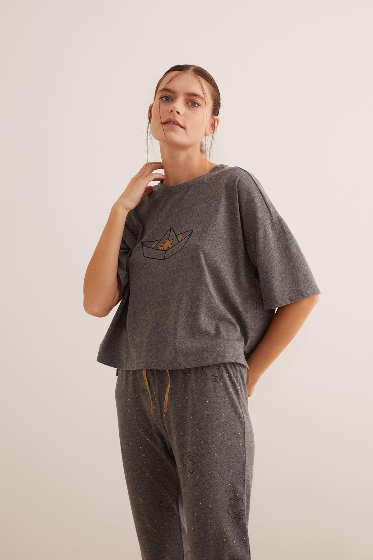 Kadın Sim Baskı Detaylı Kısa Kollu Pijama Üstü