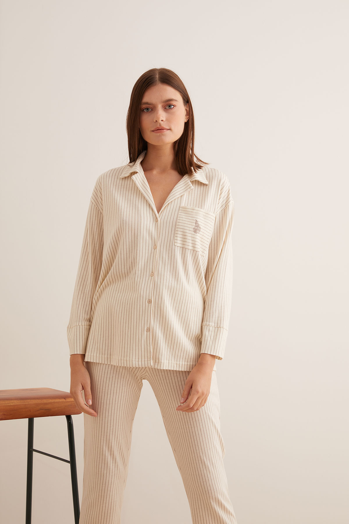 Kadın Modal Karışımlı Pamuklu Gömlek Pijama Üstü