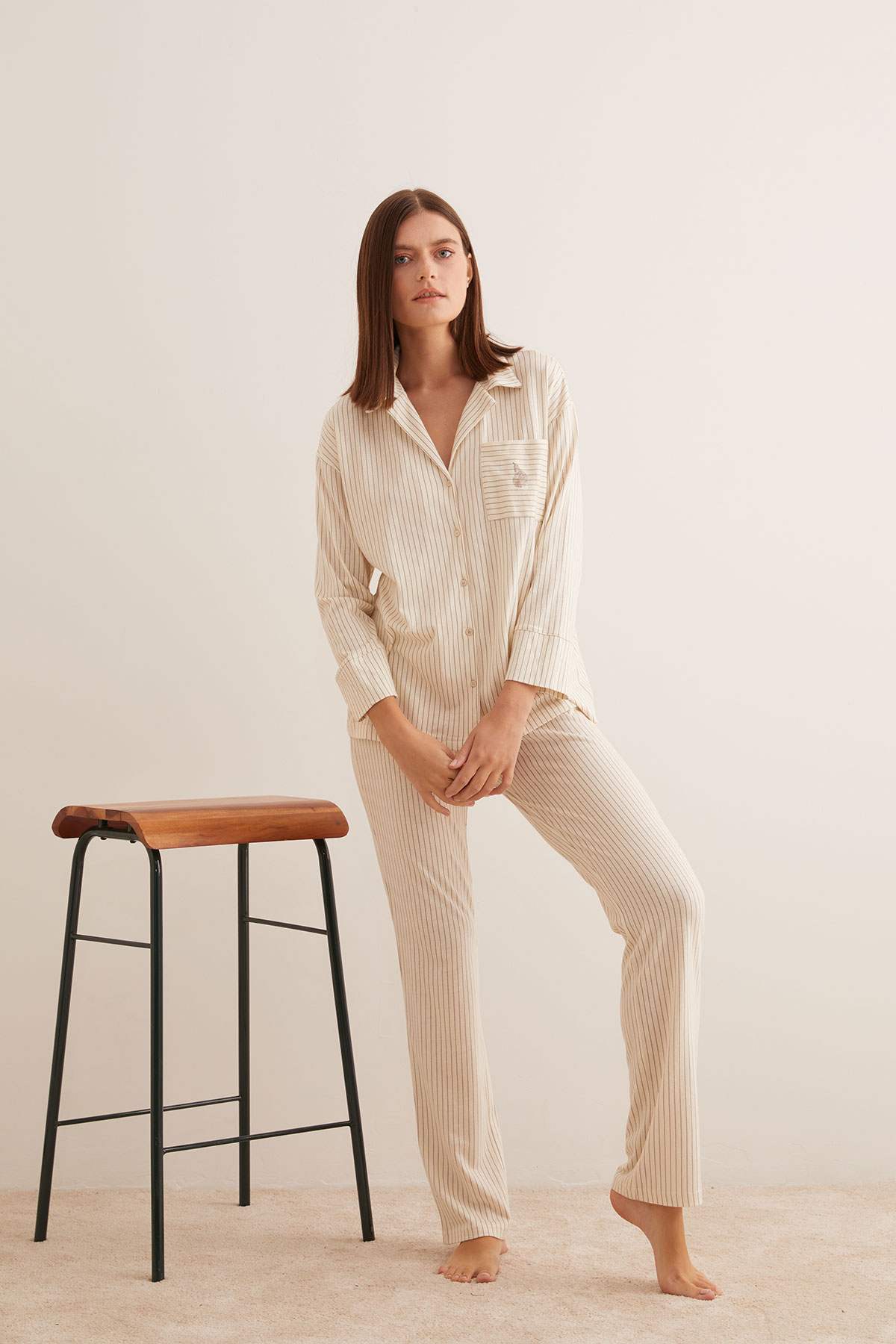 Kadın Modal Karışımlı Pamuklu Gömlekli Uzun Pijama Takımı