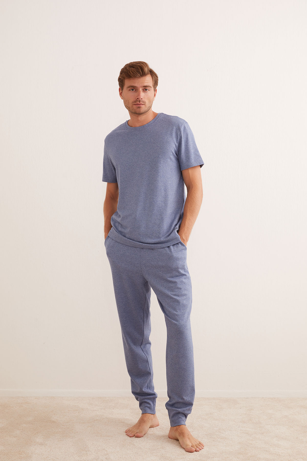 Erkek Modal Karışımlı Kısa Kollu Alt Uzun Pijama Takımı