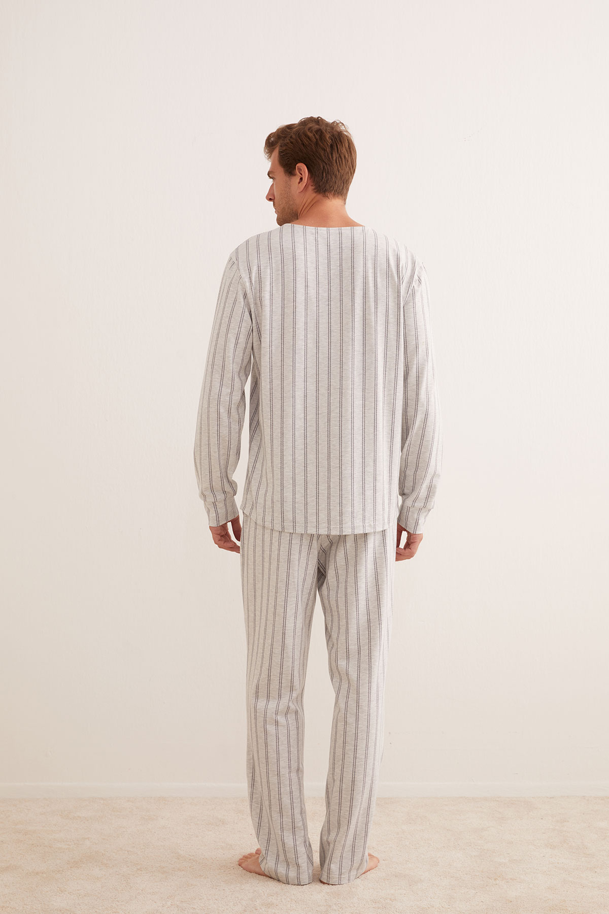 Erkek Pamuklu Düğmeli Uzun Pijama Takımı