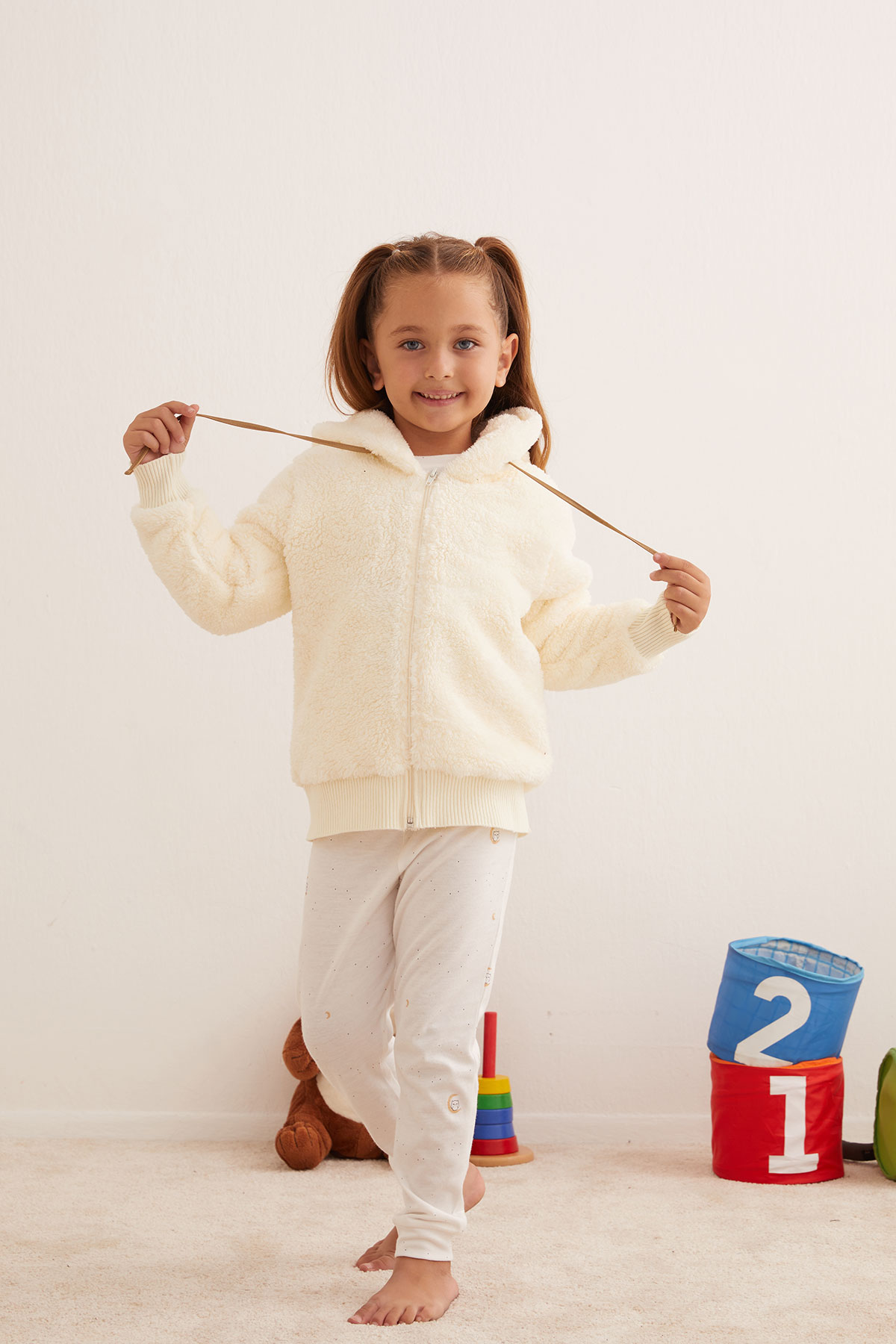 Kız Çocuk Yumuşak Dokulu Kulak Detaylı Fermuarlı Sweatshirt
