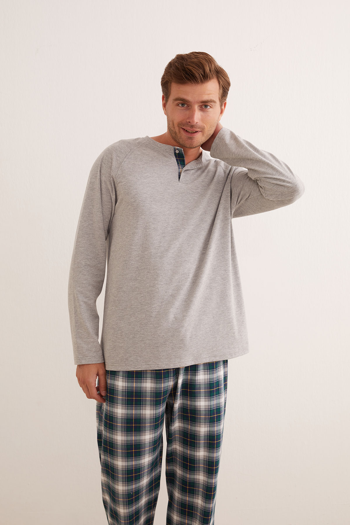Erkek Pamuklu Kısa Düğmeli Uzun Pijama Takımı