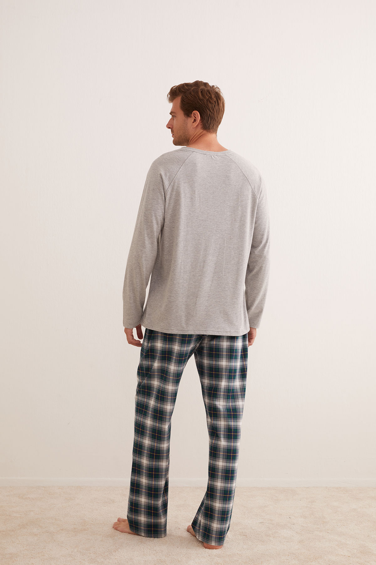 Erkek Pamuklu Kısa Düğmeli Uzun Pijama Takımı