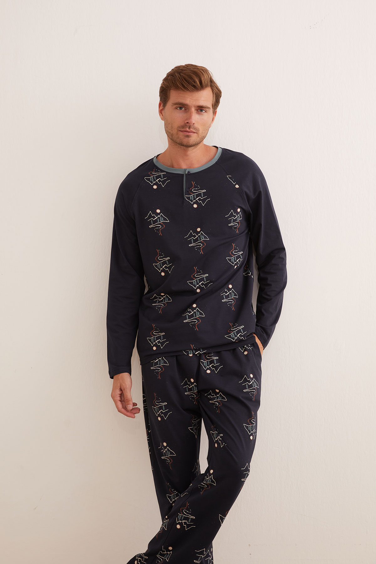 Erkek Pamuklu Belde Kontrast Biye Detaylı Uzun Pijama Altı