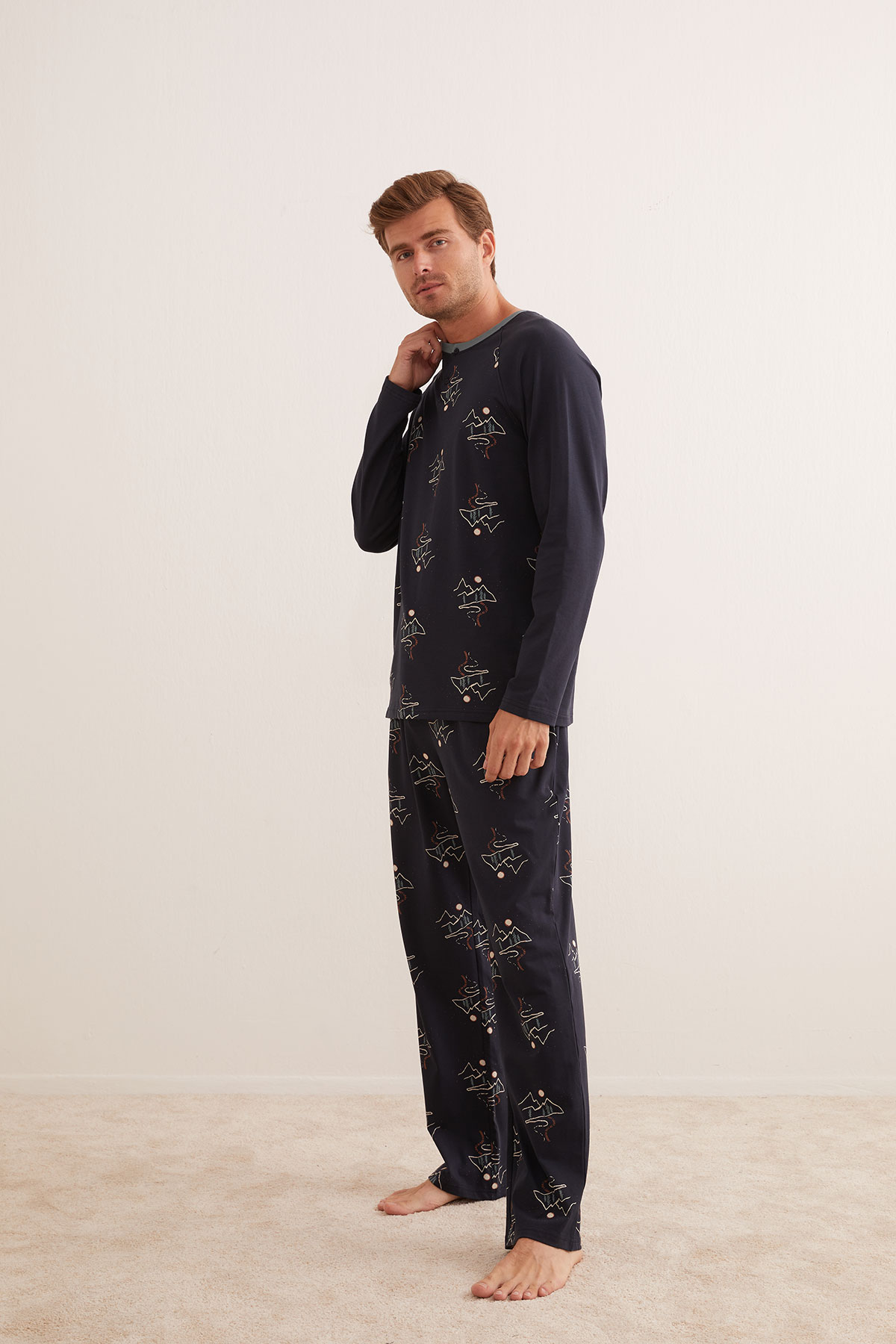 Erkek Pamuklu Belde Kontrast Biye Detaylı Uzun Pijama Altı