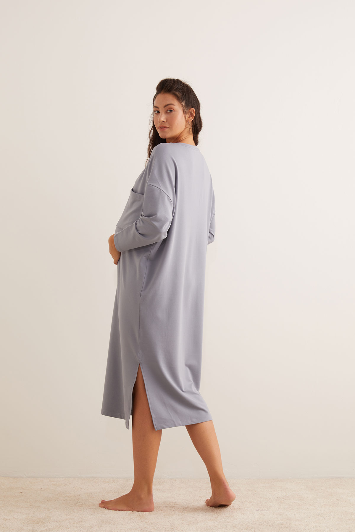 Kadın Modal İki İplik Yırtmaç Detaylı Midi Elbise