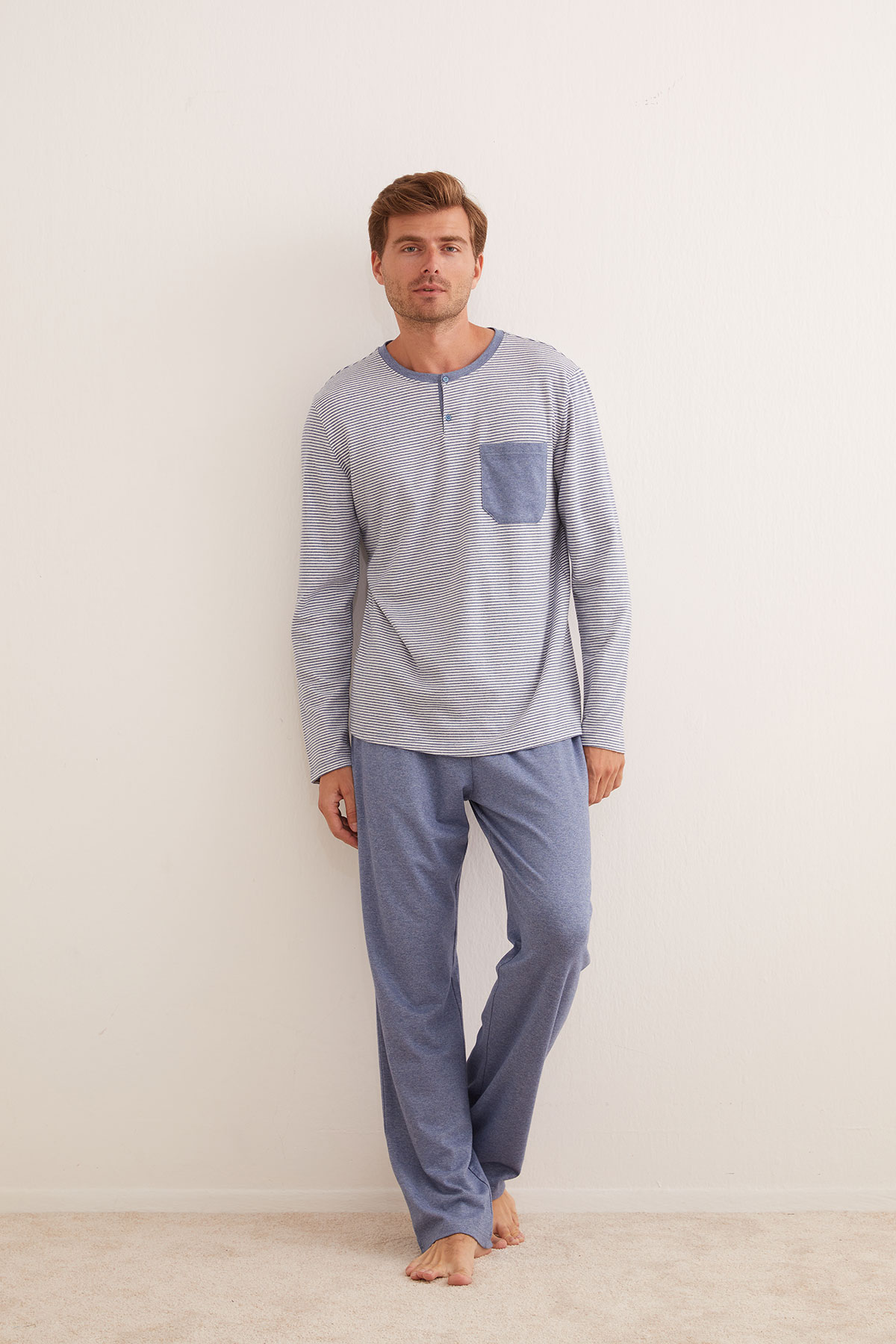Erkek Modal Karışımlı Kısa Düğme Detaylı Uzun Pijama Takımı
