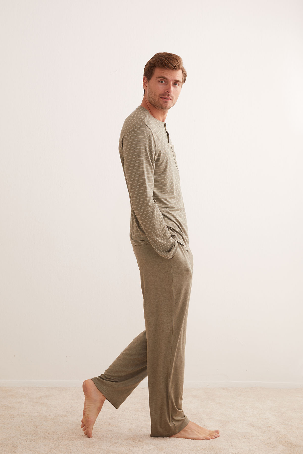 Erkek Viscose Melanj Kısa Düğmeli Cepli Uzun Pijama Takımı