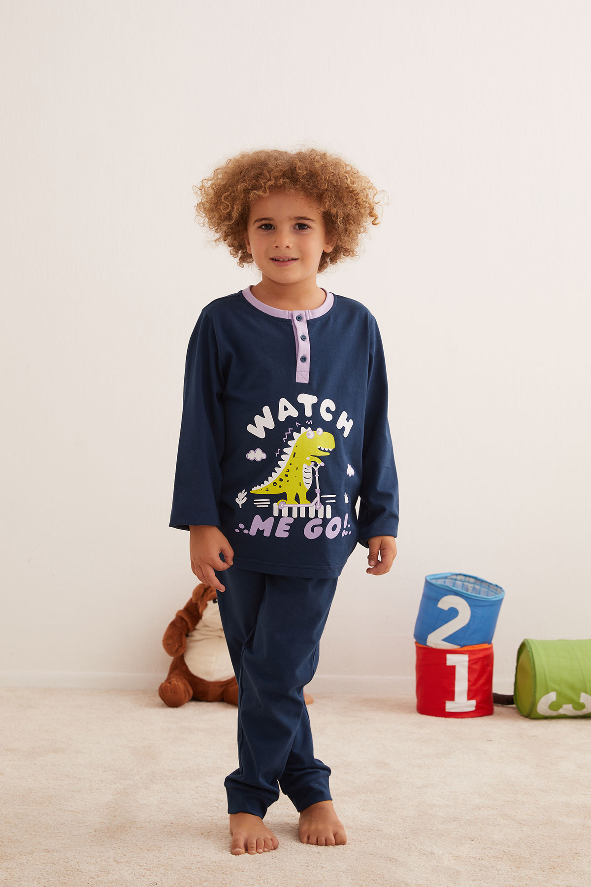 Erkek Çocuk Pamuklu Düğme Detaylı Uzun Pijama Takımı