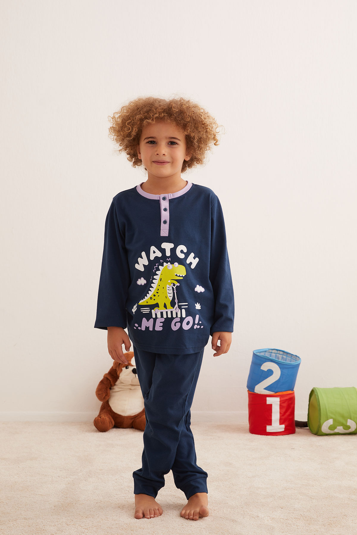 Erkek Çocuk Pamuklu Düğme Detaylı Uzun Pijama Takımı