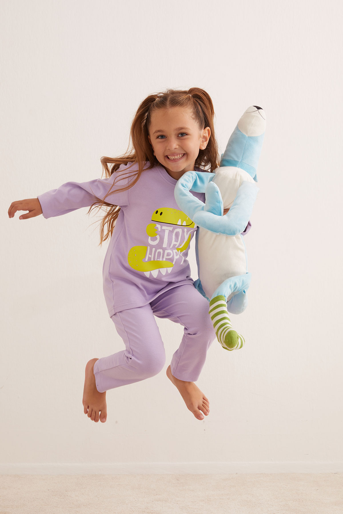 Kız Çocuk Pamuklu Dinozor Baskı Detaylı Uzun Taytlı Pijama Takımı